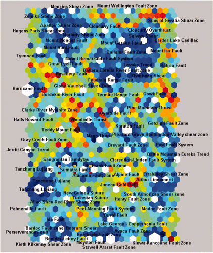 Figure 8 Output of the SOM analysis of a subset of 88 faults from the major fault database showing the U-matrix. Uniform areas of cold colours indicate groupings, and warm colours indicate the boundaries between clusters. In this representation of the output grid, additional cells are shown within each pair of the 24 × 14 output nodes to indicate the distance to the nearest neighbour in terms of similarity of the input pattern. The size of output units shown in white indicates the relative number of input patterns which correspond to that cluster.