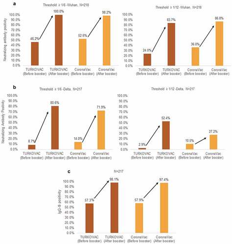 Figure 2. Neutralizing antibody positivity against the (a) Wuhan and (b) Delta variants, and (c) immunoglobulin G-Spike (IgG-S) positivity before and after booster doses in the two study arms.