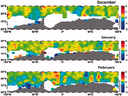 Fig. 13. Monthly mean sea-air CH4 flux in the Southern Ocean from December to February (from upper panel to bottom panel). White areas is sea ice coverage.