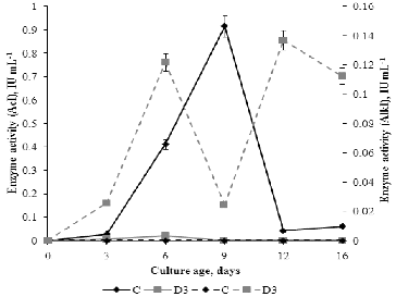 Figure 7. Profile of extracellular acid invertase (AcI) activity (solid line) and alkaline invertase (AlkI) activity (dotted line) of P. chrysogenum cultivated in Czapek–Dox medium with (D3) and without (C) 0.3% detergent.