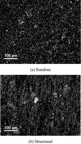 Figure 2. Scanning electron micrographs of the cross-section of an (a) random and (b) structured 10 vol.% KNLN-PDMS composite at 200× magnification.