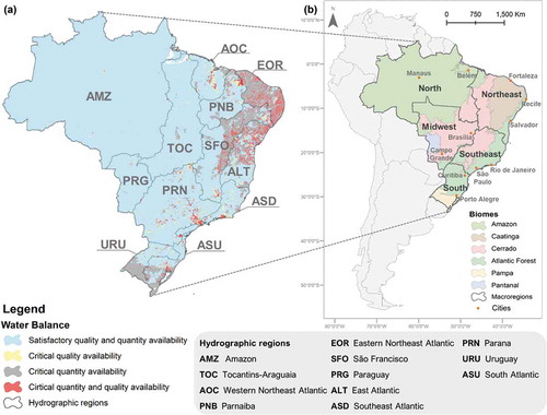 Figure 1. Brazil’s location in South America, where (a) shows the water balance status over the Brazilian hydrographic regions and (b) provides additional information on the biomes and the main Brazilian cities in the geopolitical divisions of microregions