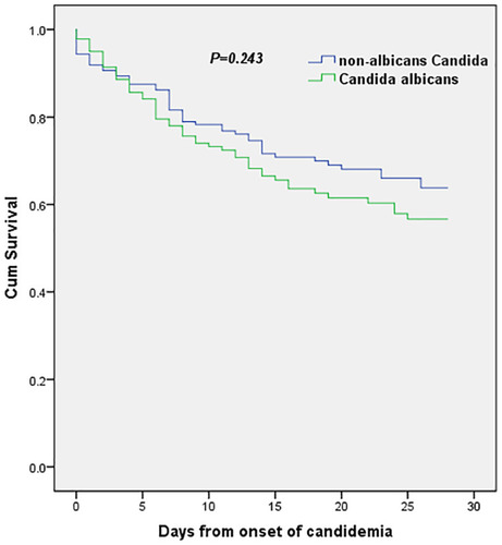 Figure 3 Kaplan-Meier estimates of survival in patients with C. albicans candidemia and NAC candidemia.