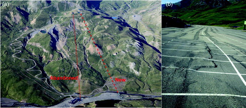 Figure 3. (A) Oblique aerial view of the active landslide n. 21. Red lines indicate the traces of the abandoned and new ski lifts. (B) Deformed pavement in a parking lot whose construction involved excavation at the toe of landslides n. 49 and n. 50.