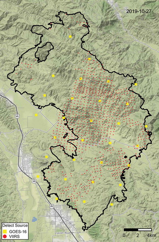 Figure 4. Satellite detections of the Kincade fire in northern California on October 27, 2019 by Geostationary Orbiting Environmental Satellite (GOES) and the polar-orbiting Visible Infrared Imaging Radiometer Suite (VIIRS). Hotspot detections by each are shown at the center points of the sensor pixels (yellow squares: GOES-16; red circles: VIIRS). Black outline: final fire perimeter. The VIIRS detections provide a higher resolution detection (~375 m), but only during overpasses. The geostationary GOES-16 provides a continuous observation but at a lower resolution (~2 km). The size of squares and circles is illustrative and not related to hotspot detection strength or size. Data sources: GOES and VIIRS detections based on NOAA Hazard Mapping System–collected detections; perimeter based on GeoMac data. Image source: U.S. Forest Service.