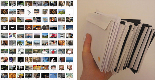Fig. 2. Two photos documenting the process: on the left, organizing and preparing part of the data set images for printing as postcards; on the right, a pile of envelopes with postcards ready to be mailed to participants.