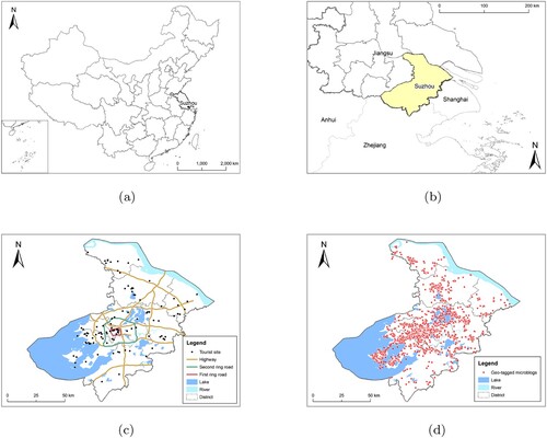 Figure 2. Study area and Sina Weibo dataset. (a) The location of Suzhou on the scale of Country. (b) The location of Suzhou on the scale of Province. (c) The location of sites in Suzhou and (d) The geo-tagged microblogs in Suzhou.
