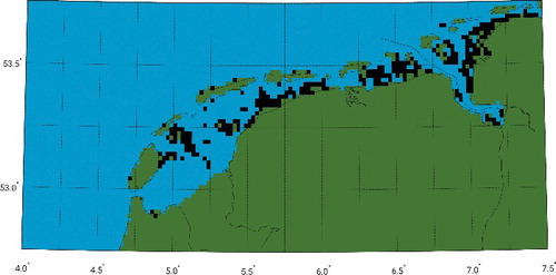 Figure 8. This map of the Dutch Wadden Sea area shows the grid cells that are temporary set dry during low tides (black). Green grid cells are land and blue ones never fall dry.
