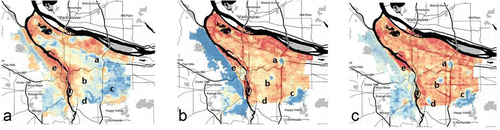 Figure 1. UHIs (in red) and UCIs (in blue) in Portland, Oregon. Letters in the figures account for: (a) Rocky Butte natural area (UCI natural areas with tree shades and higher grounds); (b) Mt. Tabor Park (UCI natural areas with water reservoirs, tree shades, and higher grounds); (c) Powell Butte nature park and happy valley nature park (UCI natural areas with tree shades and higher grounds); (d) Crystal Springs Rhododendron garden and Westmoreland Park (UCI around a lake); and (e) UCI downtown.