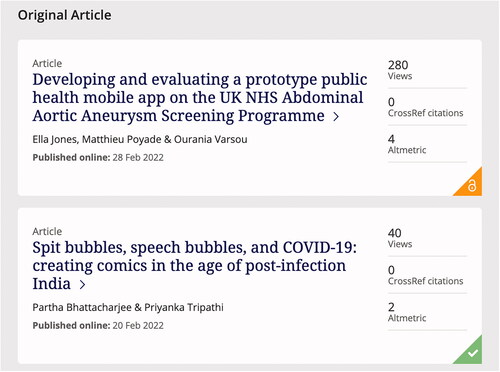 Figure 1. The open lock in the orange triangle indicates that the paper is open access. The green tick indicates access as a member of IMI (https://www.tandfonline.com/action/showOpenAccess?journalCode=ijau20).