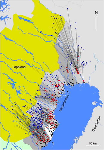 Figure 8. Map of villages (grey dots) and their respective interior lakes (dark squares) connected with lines, based on the 1553 taxation record. Villages not engaged in interior lake fishing are marked with black dots.