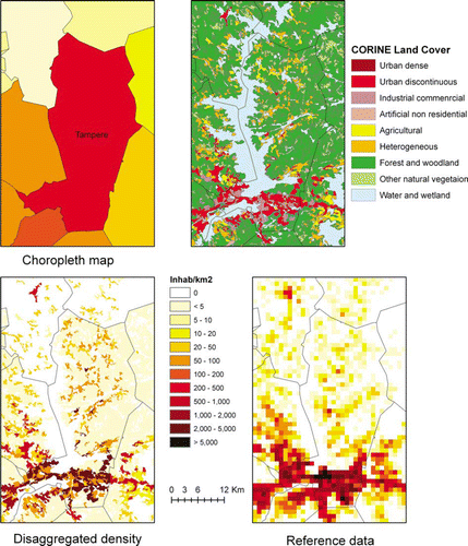 Figure 4.  Illustration of the population density downscaling process in the area of Tampere (Finland).