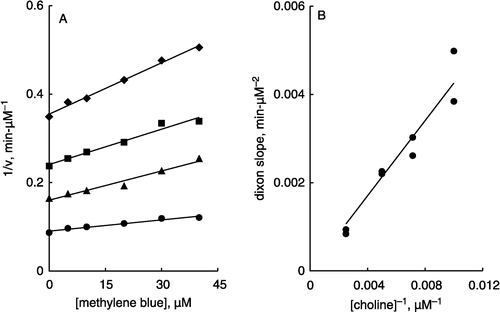 Figure 2 The inhibition of choline oxidase by methylene blue. A. Dixon plots of inhibition at 0.1 (♦), 0.14 (▪), 0.2 (▴) and 0.4 (•) mM choline. (Average of 2 independent experiments). B. Slope replot (showing independent data sets).