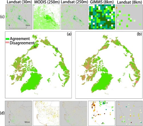 Figure 11. The discrepancies between Landsat vs. MODIS and Landsat vs. GIMMS due to resampling. Letter A denotes a typical greening area, and letter B denotes a typical browning area in the results of the three datasets for these two locations, which are listed in (c) and (d). Agreement means both has the same greenness trend (stable/greening/browning) and disagreement means neither of the two maps has the same greenness trend.