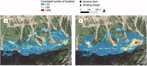 Figure 4. Intensity of use of pasture (no. of locations cumulated over the study period within a 10 × 10 m grid) in the morning (A) and afternoon (B).