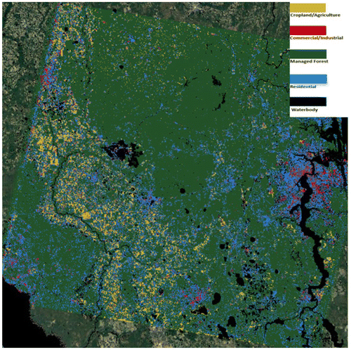 Figure 9. The dominant land-use types of study area derived from earth observation data-sets and self-automated training samples from OSM and Google Earth. Image is courtesy of Google Earth© (2017). Google Earth V 7.1.1.1888 (viewed March 12, 2017). Florida, USA. 30°05’46.33”N, 82°14’14.11”W, elev. -11 ft, Eye alt 125 mi. SIO, NOAA, U.S. Navy, NGA, GEBCO. Landsat/Copernicus [Accessed December 30 2014]. https://www.google.com/earth/index.html