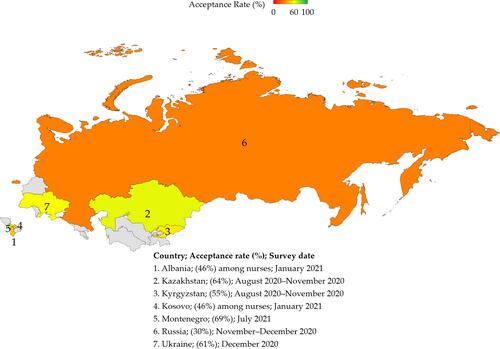 Figure 5 COVID-19 vaccine acceptance rates in countries/territories from Eastern Europe and Central Asia. The included countries/territories were numbered, with COVID-19 vaccine acceptance rates shown besides the dates of surveys. The map was generated in Microsoft Excel, powered by Bing, © GeoNames, Microsoft, Navinfo, TomTom, Wikipedia. We are neutral with regard to jurisdictional claims in this map.