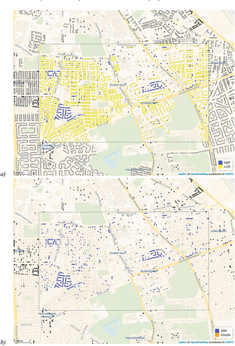 Figure 7. Estimated residential building stock by combining ABP with (a) the LCRs and (b) WhenFresh/Zoopla rental listings. Postcode district M14 highlighted, 2014.