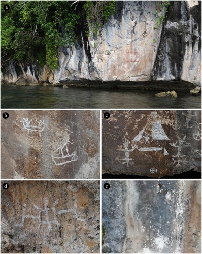 Figure 11. White rock art around Waigeo Island: (a) Yé lal (WAI-51) showing art highlighted in red above the tidal notch, about 2 m above mean sea level; (b) detail view of WAI-51 Panel 1, showing two people in canoe with characteristically uplifted arms welcoming sail boat; (c) detail of Fafag (WAI-55) rock art – according to stories, this shows conflict between local groups and newcomers, with the figure on the left having been shot with an arrow; (d) detail of Mlelen Popo (WAI-54) rock art, possibly a crustacean; (e) faded geometric painting at WAI-63, originally recorded by Solheim and others.