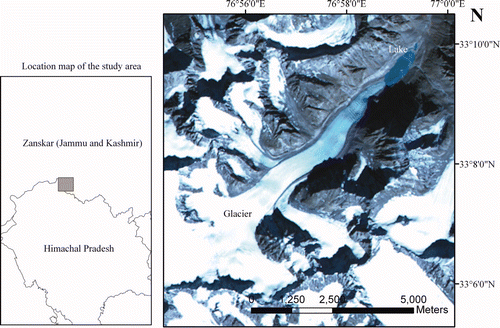 Figure 1. Location map of the study area showing the glacier and the glacial lake.