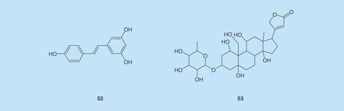 Figure 2.  Five PI3K/AKT/eNOS activators.Compound 52: resveratrol; compound 53: the cardiac glycosides (ouabain).