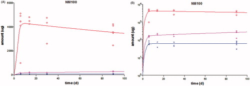 Figure 3. Result of model fit (line) to the measured kinetic data (symbols) in rats after 5 consecutive days of i.v. dosing of NM100 and subsequent follow-up until day 90 (data from Geraets et al. (Citation2014)). The amount of the element Ti found in the various organs is plotted on normal linear scale (A) or logarithmic scale (B). The red symbols and lines are the data and model fit in liver, the pink those in spleen, and the blue those in the “rest”.