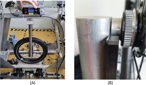 Figure 3. Test-rig VeTyT with the cargo bicycle tyre mounted. You can notice the long steel fork used to accommodate the cargo bicycle tyre. In (B), the steel plates are used to mount the wheel on the steel fork. Pictures adapted from [Citation19].