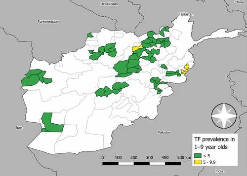 Figure 1. Prevalence of trachomatous inflammation—follicular (TF) in children aged 1–9 years in Afghanistan. Surveys conducted from September 2018–December 2019. The boundaries and names shown and the designations used on this map do not imply the expression of any opinion whatsoever on the part of the authors, or the institutions with which they are affiliated, concerning the legal status of any country, territory, city or area or of its authorities, or concerning the delimitation of its frontiers or boundaries.