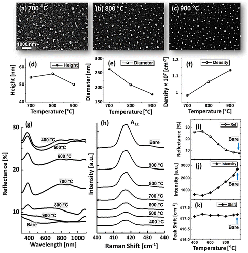 Figure 2. (a)–(c) SEM images of alloy NPs, annealed between 700 and 900 °C for 120 s with 15 nm total thickness. (d)–(f) Average height, diameter and density of the alloy NPs. (g) Reflectance spectra of Pd-Ag alloy NPs on sapphire (0 0 0 1). (h) Raman spectra of A1g vibration mode at ~417 cm−1 of each sample. (i) Average reflectance, (j) Raman intensity, and (k) Raman peak shift with respect to the temperature.