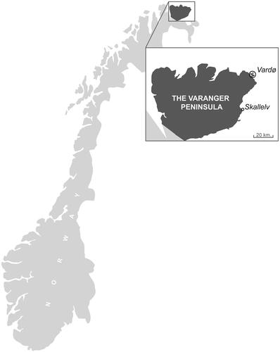 Figure 2. Map showing the location of the Varanger Peninsula, Vardø and Skallelv. Source: Ida Højlund Rasmussen, based on maps from norgeskart.no / © Kartverket (CC BY 4.0).