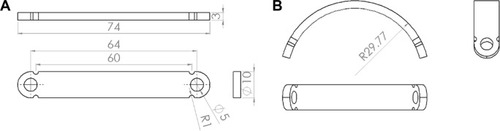 Figure 1 Schematic of the stainless steel bar used in this study.Notes: (A) Before bending. (B) Final configuration after bending.