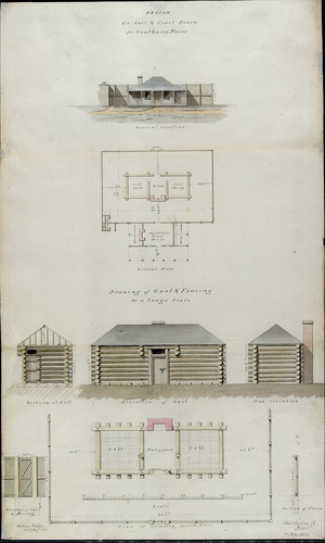 Figure 8. Ambrose Hallen. Design of a gaol and court house for Goulburn Plains, 1832 (Dixson Collection, ref: DLADD 203, YRIZNNin, State Library of New South Wales).