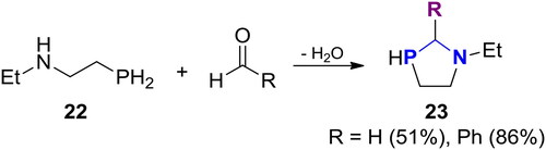 Scheme 16. Reaction of N-ethyl-2-phosphinoethanamine with aldehydes.[Citation71]