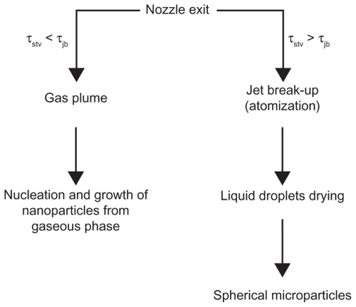 Figure 4 The two mechanisms in competition for particles formation during the supercritical antisolvent process at P > PC and XCO2 ≥ XMCP.Citation22Note: Reprinted from The Journal of Supercritical Fluids, vol 47, Reverchon E, Adami R, Caputo G, De Marco I, Spherical microparticles production by supercritical antisolvent precipitation: interpretation of results, pages 70–84, copyright 2008, with permission from Elsevier.