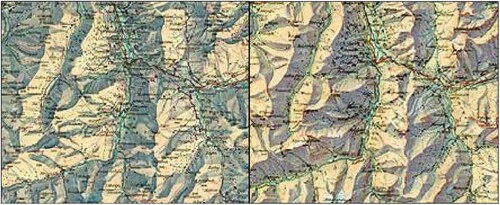 Figure 2. Left: A NH region where the sun shines from the south, mapped with illumination from the south. For the majority of the viewers, the terrain is reversed or ambiguous in this case. Right: Same area with illumination from the north, which is correctly perceived by the majority of viewers. Sources: Relief Shading Website (Citation2017) http://www.reliefshading.com/design/light-direction/ CC-BY.