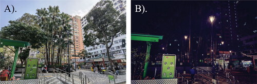 Figure 1. An illustration of the difference in daytime and nighttime exposure to green space. These two pictures were taken from Tai Ming Lane Square in Tai Po, Hong Kong. This green space is enclosed by densely populated communities and intensively used by residents. The greenness of green space during (A) daytime is not visible during (B) nighttime, whereby we cannot assume equivalent effects from green space on human mental health. Other day–night differences in people’s exposure to green space might also affect other health outcomes.