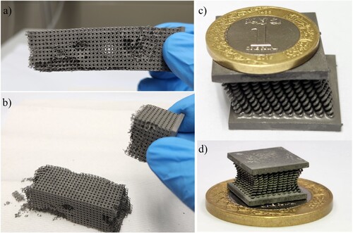 Figure 10. Insufficient strength of green microstructures when scaling up the part size in lithography metal additive manufacturing (exemplified for twist metamaterials and microsprings).