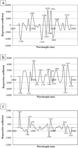 FIGURE 6 Regression coefficients of partial least squares regression model for: (a) pulp spectra pretreated with gap-segment second derivative (gap size = 3 and segment size = 19); (b) rind spectra pretreated with gap-segment second derivative (gap size = 1 and segment size = 19); and (c) stem spectra pretreated with gap-segment second derivative (gap size = 1 and segment size = 17).