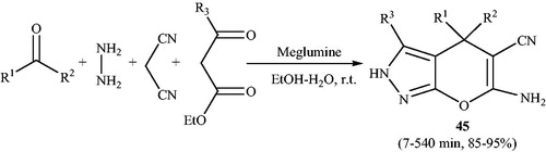 Scheme 60. Synthesis of a series of dihydroprano[2,3-c]pyrazoles in the presence of meglumine.