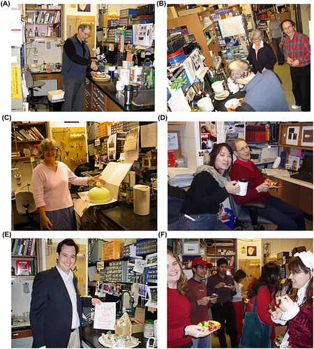 Figure 6. Atwood lab cake days. (A) Harold Atwood. (B) Harold Atwood, Marianne Hegström-Wojtowicz, Jenny Katsoulakos, and Martin Wojtowicz. (C) Marianne Hegström-Wojtowicz. (D) Una Cheung and Harold Atwood. (E) Ken Dawson-Scully. (F) Michele Askew, Abhinav Sharma, Jeffrey Dason, Yao-Fang Tan, Katrina Choe, and Jennifer Chou.