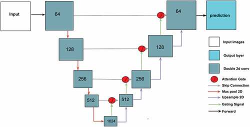 Figure A2. Schematic view of our Attention U-net network for single-date images input. Inputs are tensors are of size i width × j height × n bands. The colors represents, white = Input array, teal = Double 2D convolution operations, red = Attention gate, and cyan = output layer.