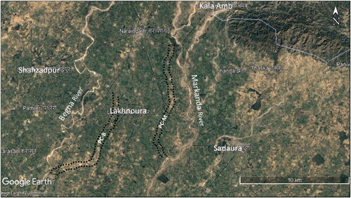Figure 8. Google Earth imagery of the Markanda and Begna rivers showing their present channel and the paleochannels. PC-M and PC-B are the older paleochannels of the Markanda and Begna rivers, respectively.