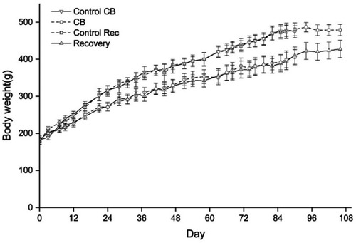 Figure S2 Changes of the body weight of rats during the inhalation and recovery.Notes: From Day 21, statistically significant differences of body weight were found between CB exposure group and the control group. In the recovery group, the body weight of rats still significant lower than the control. Data were shown as the mean ± SD (standard deviation). n=8.