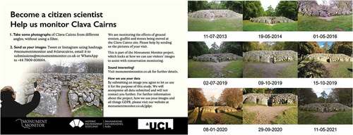 Figure 2. Sign placed at Clava Cairn (left) and submissions showing erosion over time (right).