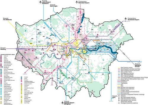 Figure 2. Key diagram of the new London Plan.Note: Shown, among other things, is the distribution of its 48 Opportunity Areas (OAs), that is, the numbered diamond shapes, along its growth (or transport) corridors, that is, the dashed and continuous coloured lines. The diagram contains public sector information licensed under the Open Government Licence v 3.0.Source: GLA (Citation2021, p. 28).
