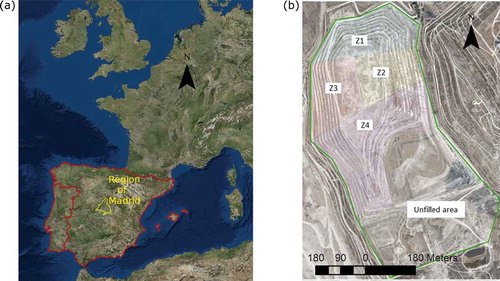 Figure 1. (a) Geographic location of the region of Madrid. (b) Landfill cell distribution.