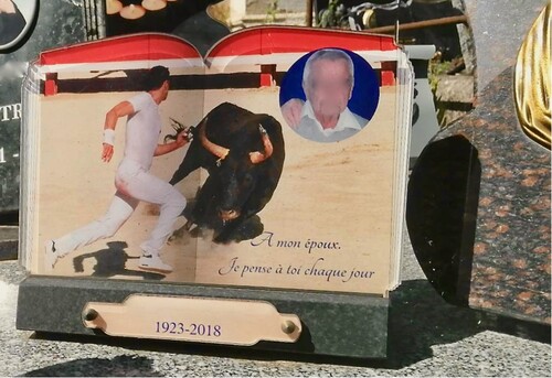 Figure 12. The deceased represented near the photo of a raseteur escaping from a charging bull in an arena as part of a “course à la cocarde.” The plaque reads: “To my husband. I think about you every day.” Photo copyright author.