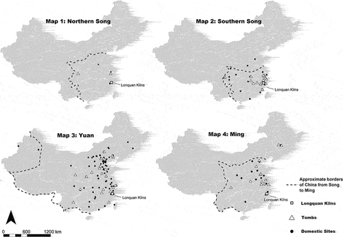 Figure 5. Distribution of Longquan celadon finds across China by period (based on OSM-Part 2).