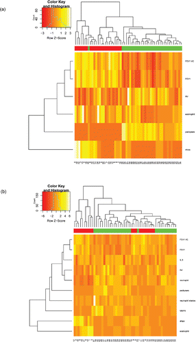 Figure 3. Hierarchical clustering of asthma and COPD patients. Single set of clinical and laboratory data per one patient was used for clustering. (a) Patients clustered according to peripheral blood eosinophil percentage, FEV1%, FEV1/VC, RV%, pack-years, and atopy. (b) Patients clustered according to data from sputum samples (eosinophil and neutrophil percentages, IL-6, NE and MMP-9 concentrations) and clinical data (FEV1/VC, FEV1%, RV%, pack-years, and atopy status). Patient IDs are given at the bottom of the plot. The color scale codes the value of a variable with the brightest shade corresponding to the highest value.