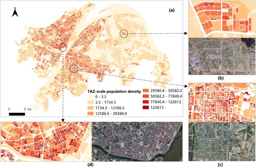Figure 5. (a) TAZ-scale population distribution in the central districts of Wuhan. (b), (c), and (d) Population distributions in local regions and recent satellite images.